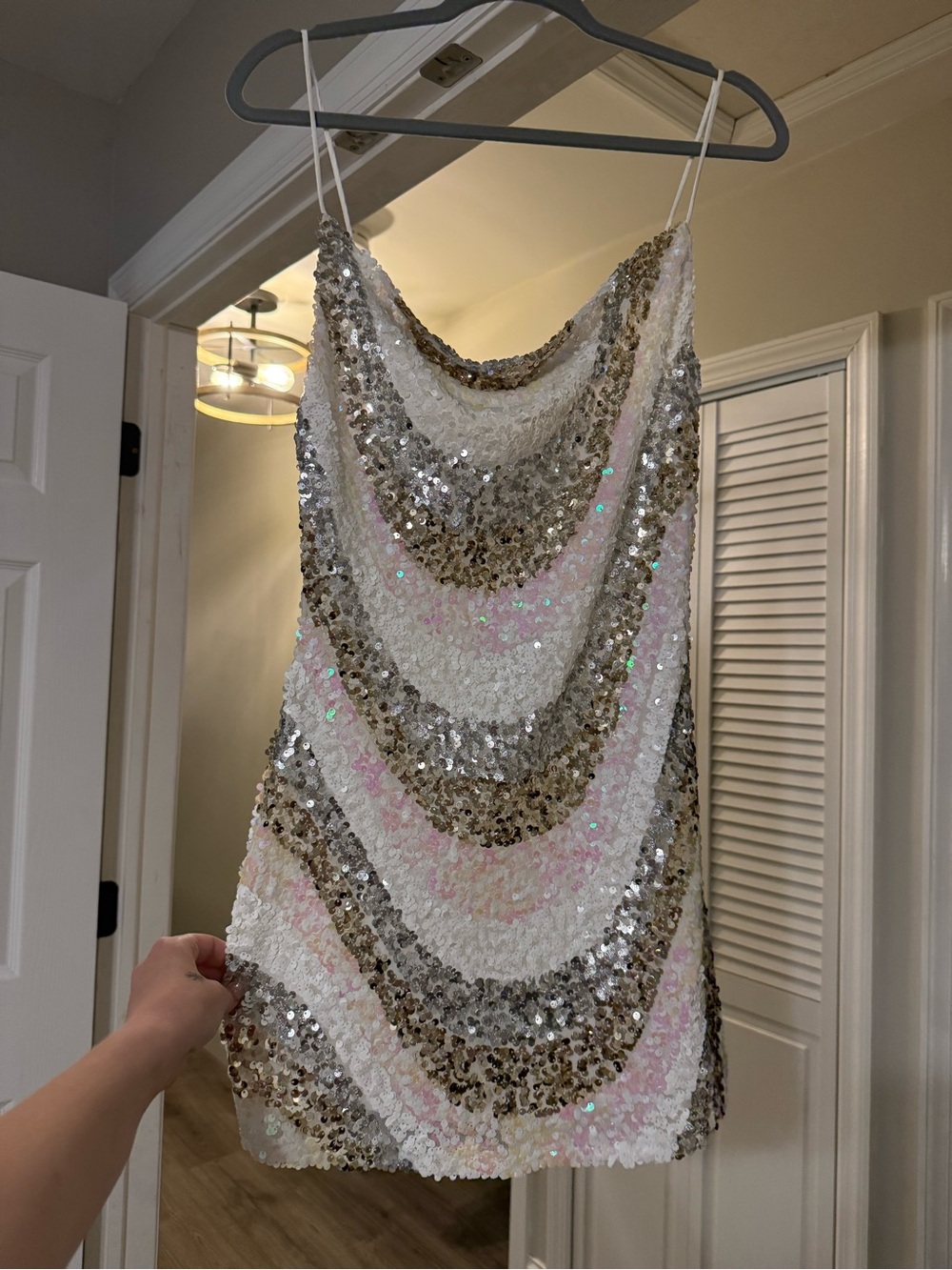Selfie Leslie White Sequin Mini Dress with Gold and Pink Accents